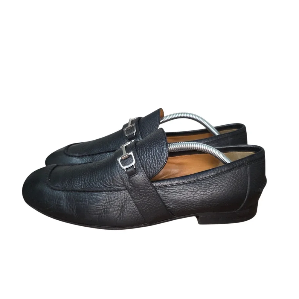 Gucci Mens 8.5 Black Pebble Leather Horsebit Square Toe Slip On Loafer Shoes